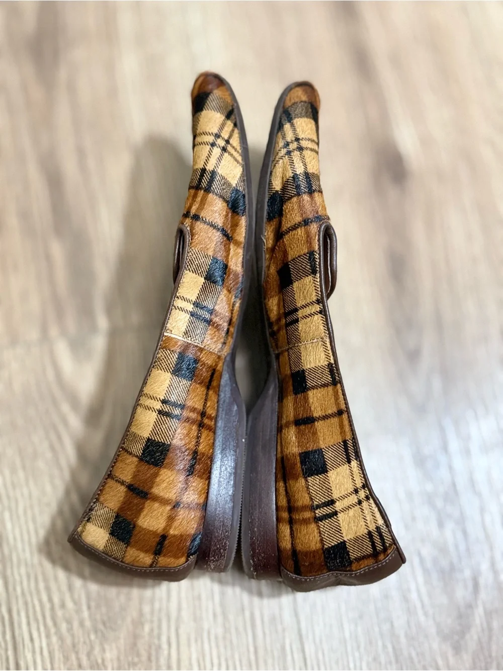 ANTONIO MELANI Larrah Plaid Calf Hair Loafers 9M Brown Tan Leather Flats